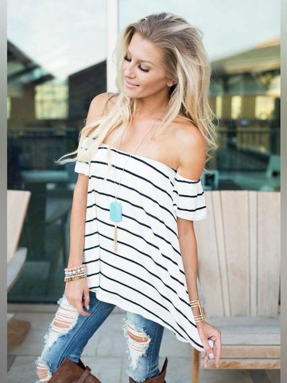 Black and Ivory Stripe Off Shoulder Top (M)